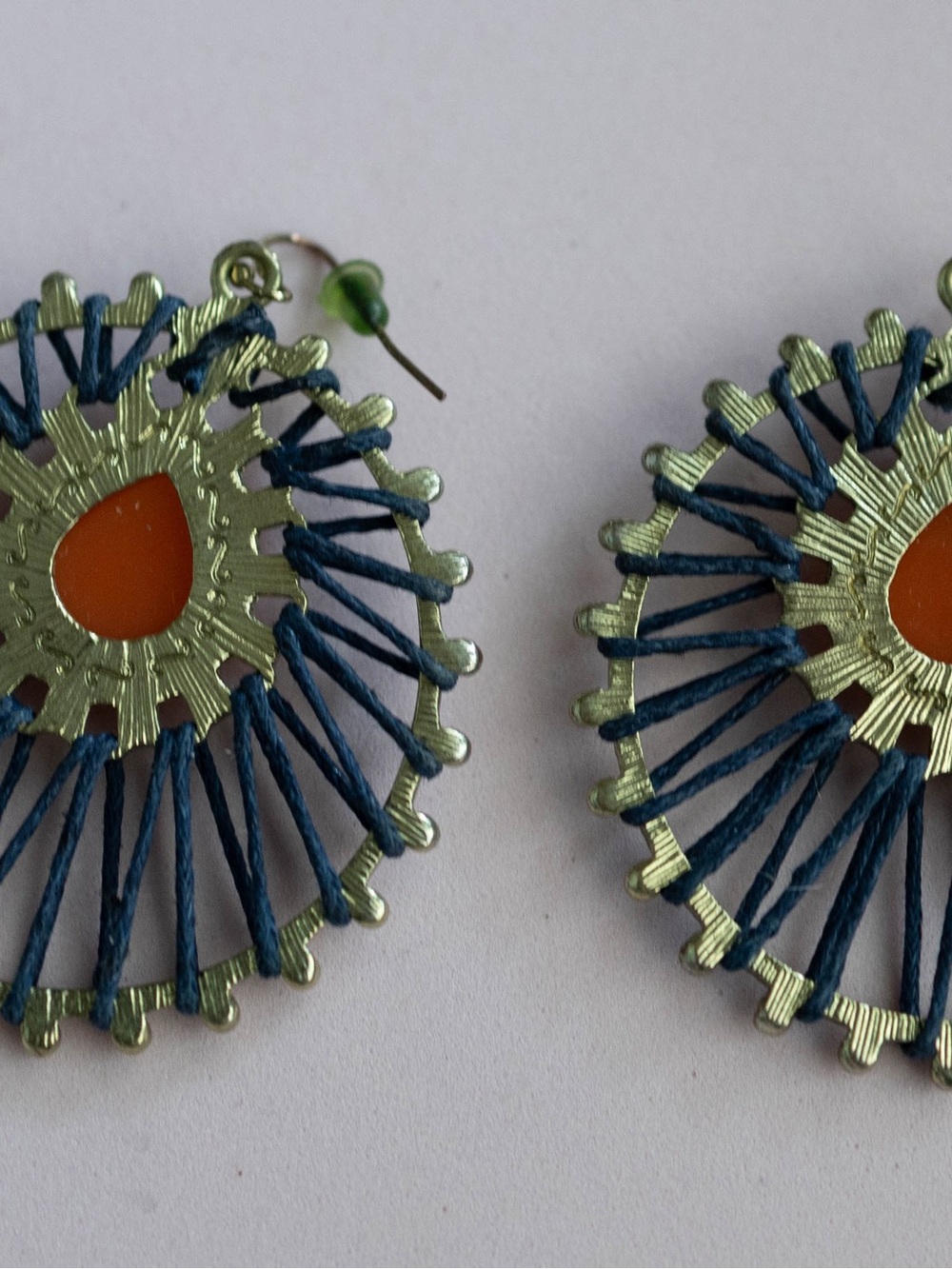 Handcrafted Orange‎ Stone and Navy Thread Hoop Earrings - Picture 4 of 5
